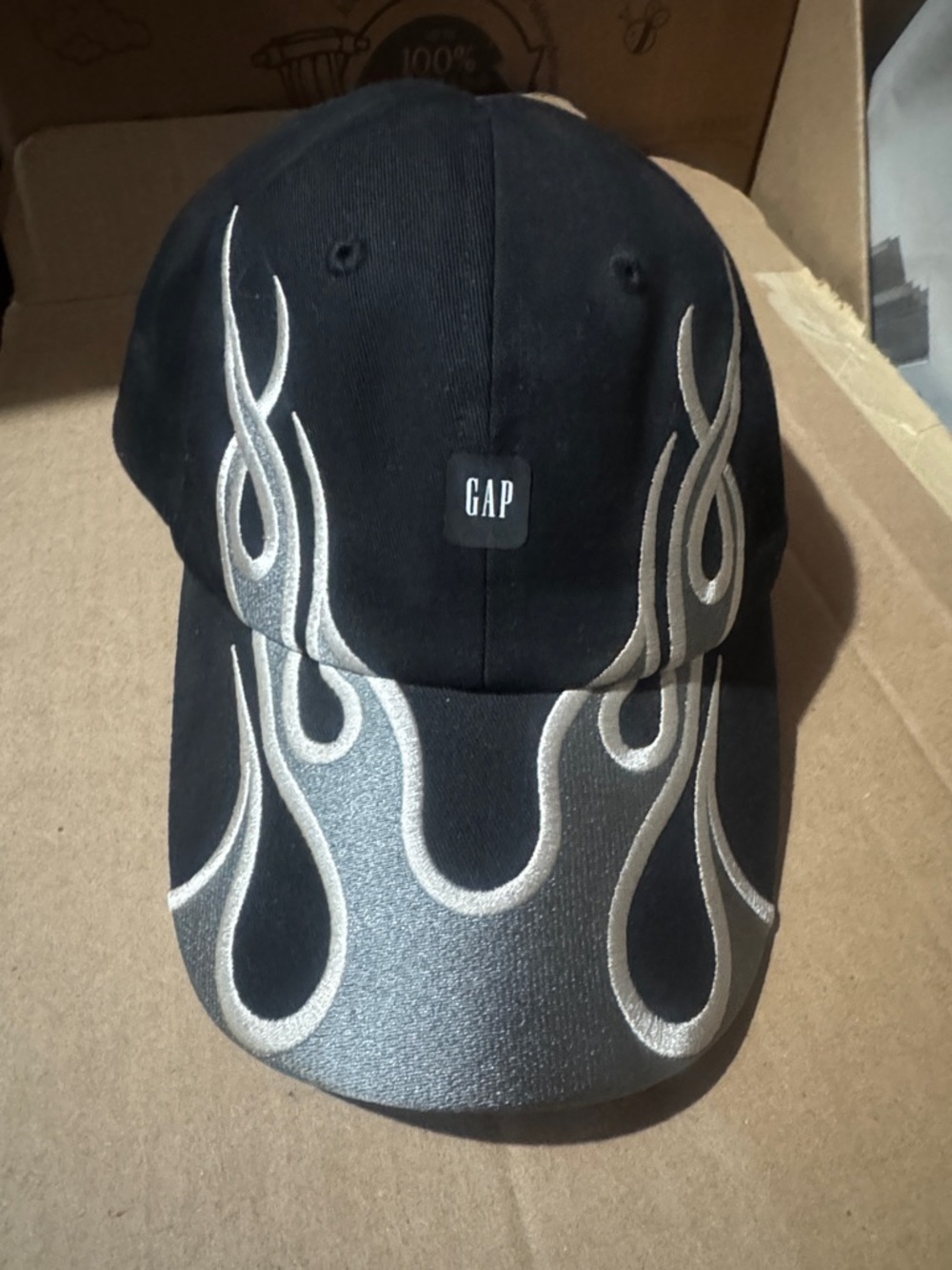 Yeezy gap Balenciaga Black Cap with Silver Flame Embroidery